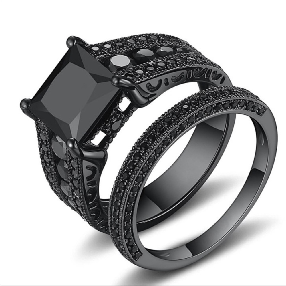 Princess cut black sapphire s925 wedding set - Picture 1 of 9